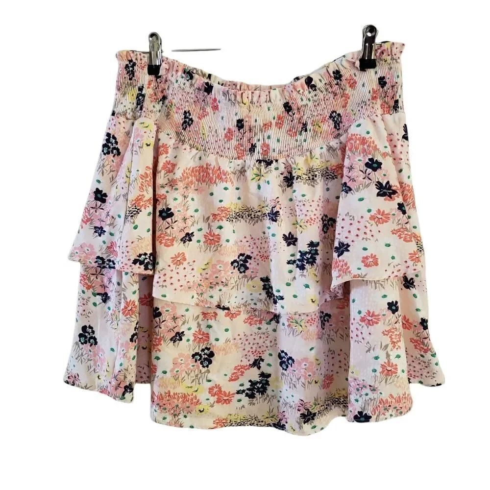 Maison Jules Floral Smocked Tiered Mini Skirt Elastic Waist